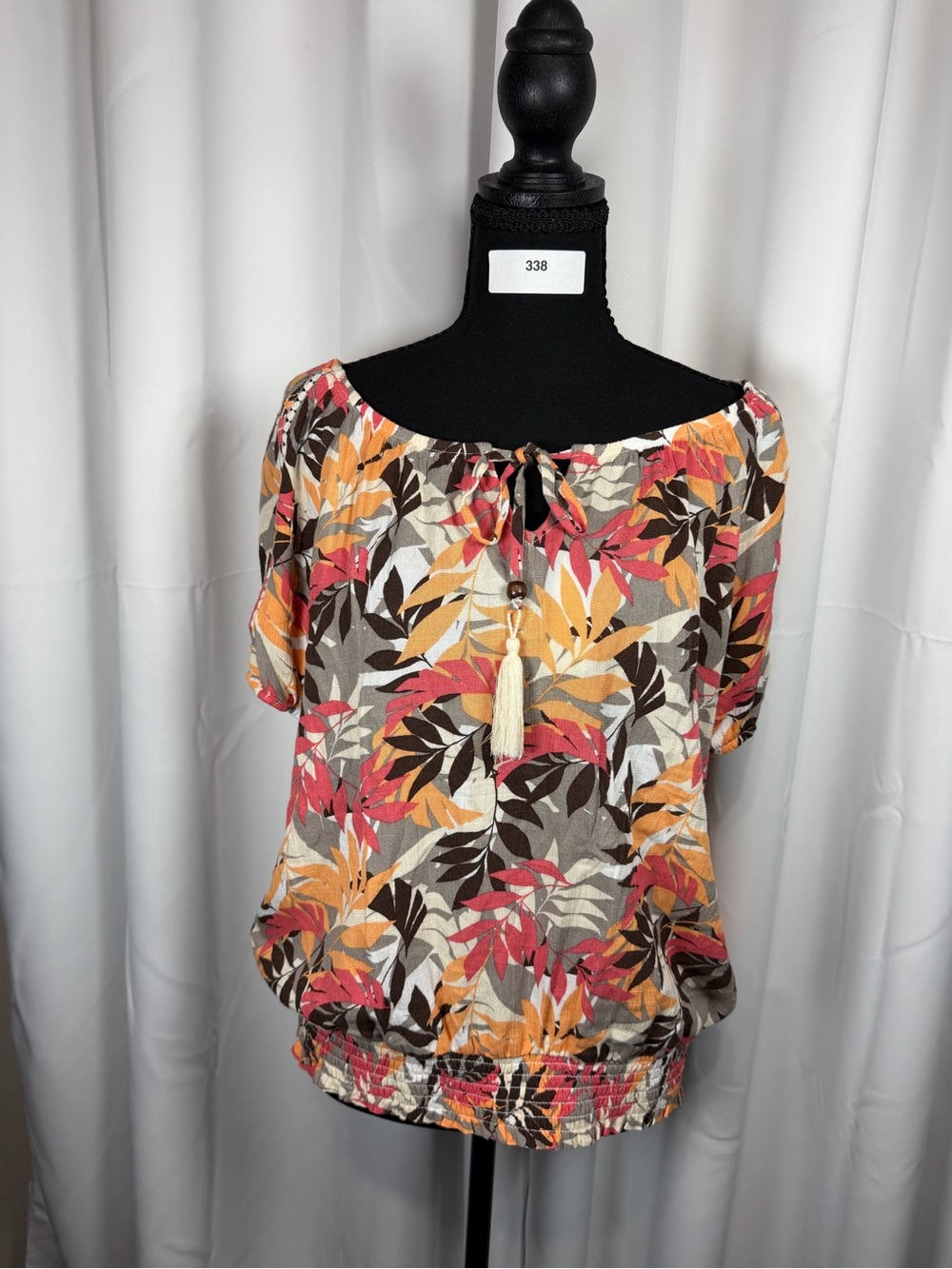I.N. Studio Petite Medium Tropical Boho Blouse Tassel Tie Smocked Hem Rayon